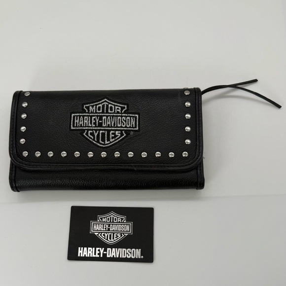 Harley Davidson Genuine Black Leather Women’s Long Wallet Embroidered With Tag - Picture 1 of 8